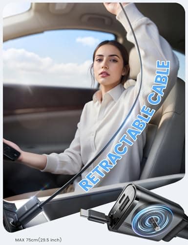 Lamicall 3 in 1 Retractable Car Charger Adapter -【2026 Ultra Compact】57W Cigarette Lighter USB Charger, Car Phone Charge with Type-C Cable/USB C/USB A, 12V/24V Socket for Phone, Android - Black — view 2