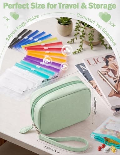 Waterproof Pill Organiser Set with 14 Pouches for Travel, 7 or 14 Day Medicine Case, Waterproof PU Leather Holder with Large, Colour-Coded Resealable Bags for Holidays & Daily Use, Green — view 3