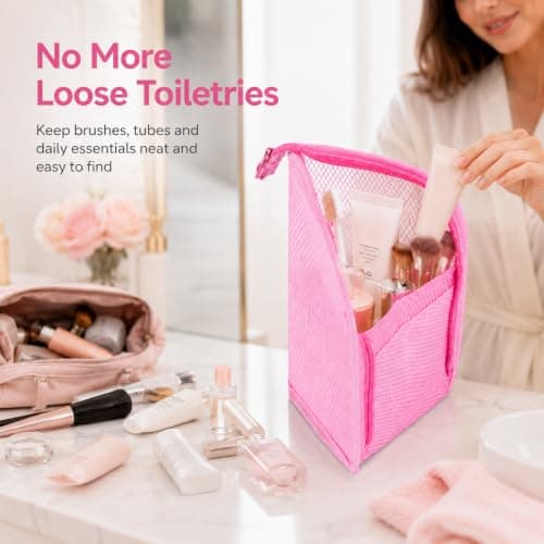Water Resistant Standing Travel Toiletry Bag - Portable Makeup Organiser with Toothbrush Holder, Inner Compartments & Elastic Straps, Lightweight Foldable Wash Bag (Pink) — view 6