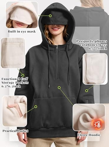 Covisoty Womens Quarter Zip Travel Hoodies with Eye Mask & Multi Pockets — view 3