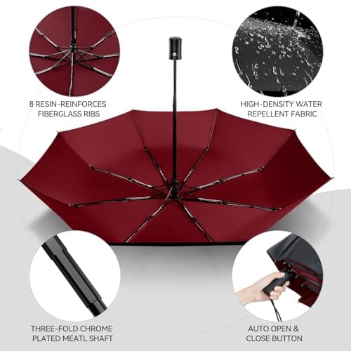 TechRise Umbrella, Compact Strong Windproof Automatic Umbrellas, Folding Lightweight, Portable Travel Golf Umbrella for Rain, One Button Auto Open and Close, Red&Black — view 3