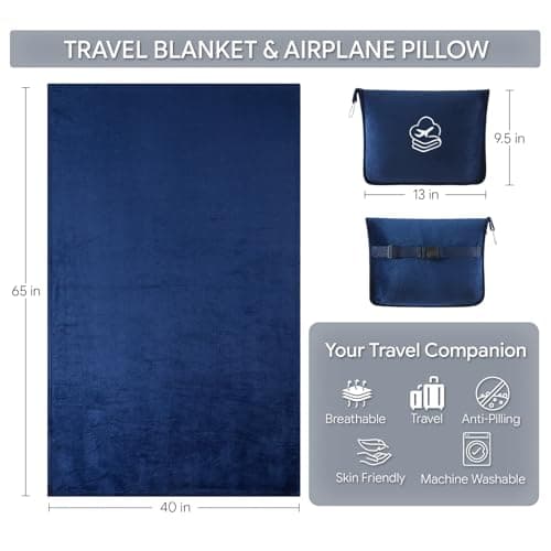 JAJALUYA Travel Blanket, Soft 2-in-1 Airplane Blanket, 65x40 Inches, Travel Essentials Car Blanket with Luggage Sleeve & Backpack Clip (Navy Blue) — view 2