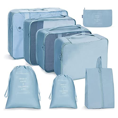 OSDUE Packing Cubes for Suitcase, 8 PCS Travel Organiser Packing Bags Lightweight Waterproof Luggage Packing Organizers for Clothes Shoes, Travel Accessories, Lake Blue