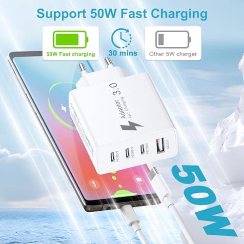 EU Travel Adapter Charger, 50W European Plug Adapter Fast Charging with 3 USB C+1 USB A, European Wall Adaptor EU Plug Fast Charger Compatible with iPhone 17 16 15 14 13 11 Pro Max,Samsung Galaxy — view 2