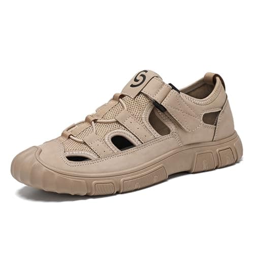 Metaju Men's Closed Toe Outdoor Sandals, PU Leather Lightweight Hiking Sandals with HOOk&LOOP, Non-Slip Rubber Sole Walking Shoes for Beach Trekking Camping Travel Casual Summer (Khaki,7)