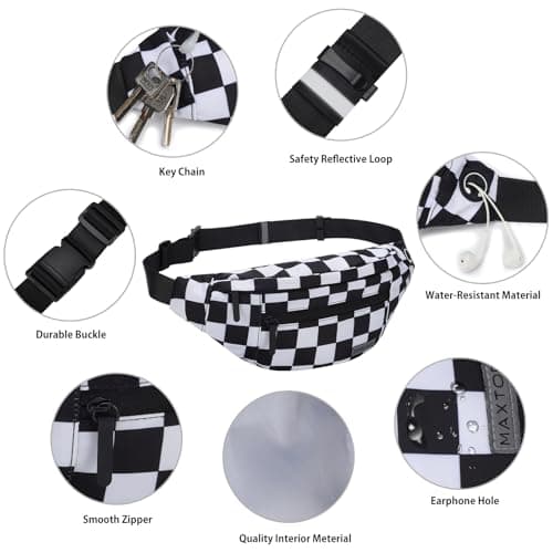 MAXTOP Large Bumbag Waist Fanny Pack Running Belt for Men Women Unisex Bum Bag with Headphone Jack and 4-Zipper Pockets Adjustable Belt for Travel Running Jogging Workout Hiking Gifts Checkered — view 4