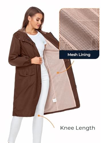 SaphiRose Women's Lightweight Packable Waterproof Long Rain Jacket, Brown, M — view 4