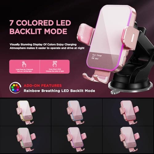 Car Phone Holder Wireless Charger,【7 Colored RGB Backlit】MOSURR 15W Auto Clamping Wireless Car Charger Mount for iPhone 16 15 14 Mini Pro Max, Samsung Galaxy S26 Ultra S25 S24+, etc - Pink — view 2