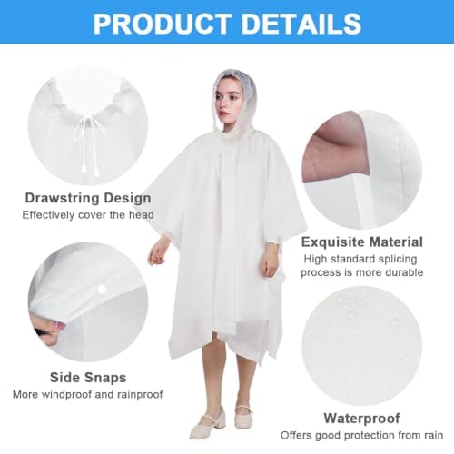 flintronic 2PCS Waterproof Poncho Adult, Reusable Rain Ponchos, EVA Rain Poncho, Lightweight Waterproof Raincoat with Hoods, Rain Cover Poncho for Camping, Hiking Travel Men Women (White) — view 4