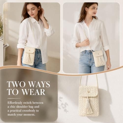 Dooaqiin Womens Small Straw Crossbody Phone Bag Bohemian Woven Cellphone Pouch with Tassel Adjustable Strap Summer Beach Holiday Handbags — view 5
