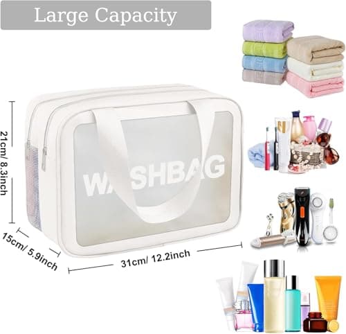 Clear Toiletry Bag, Wet Dry Separation PVC Makeup Cosmetic Bag, Large Capacity PVC Wash Bags with Handles for Women Girls White — view 3