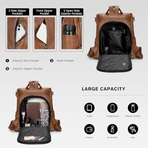 molshine Women PU Leather Backpack,Anti-Theft Travel Rucksack Fashion Casual Bag Shoulder Daypack Handbag Purse for Ladies Fits 13 inches Tablet Laptop (Brown) — view 4