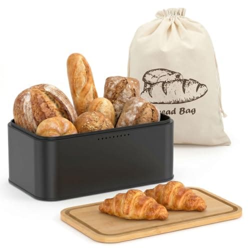 ZEJEXXB Bread Bin with Bamboo Cutting Board Lid and Cotton Bag Metal Bread Storage Container with Airy Holes to Keep Toast Fresh for Loaves, Pastries, Rolls(Black)