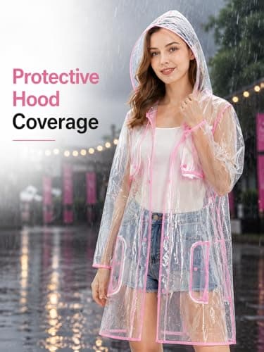 shelikes Women’s Raincoat Transparent Waterproof Rain Mac Jacket Clear Lightweight Raincoats with Hood & Pockets for Camping Outdoor Events & Travel Neon Pink — view 6
