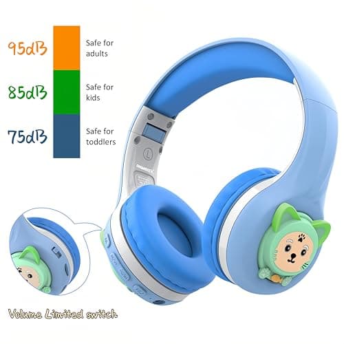 Riwbox Kids Bluetooth Headphones, CB-7S LED Light Up Bluetooth Wireless Headphones with Mic and Safe Volume Control for Travel/School/Laptop/PC/TV (Blue&Grey) — view 3