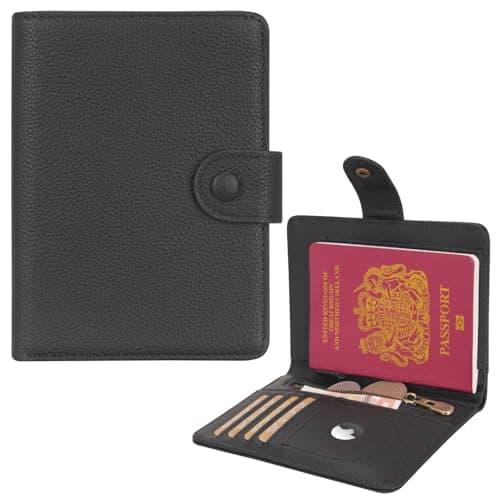 WASON Leather Passport Cover Wallet - Travel Passport Holder with RFID, Card Slots, Cash Pocket, Coin Purse, Tracker Slot, Boarding Pass and Ticket Organizer for Men and Women (Black)
