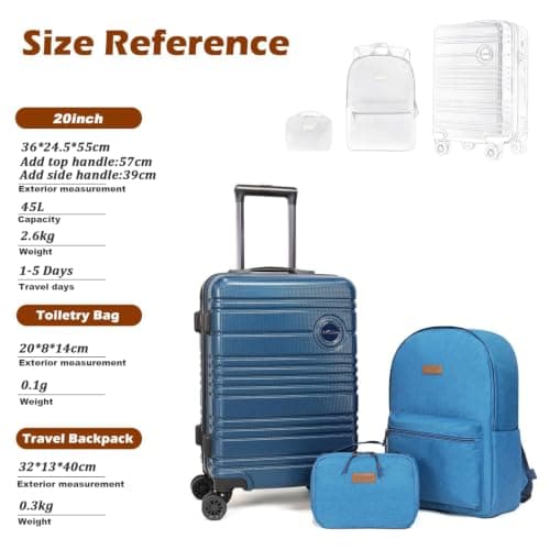 Aklsvion 20 Inch Suitcase Set PC Hard Shell Luggage Hand Luggage Travel Trolley Case Cabin Bag Sets 3 Piece Luggage Sets with Travel Backpack and Toiletry Bag for Short Travel (Navy Blue) — view 2