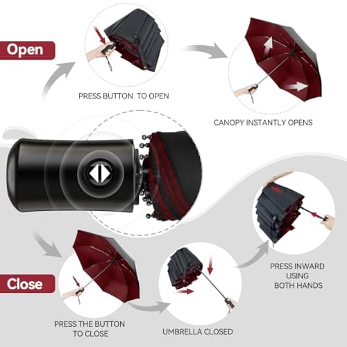 TechRise Umbrella, Compact Strong Windproof Automatic Umbrellas, Folding Lightweight, Portable Travel Golf Umbrella for Rain, One Button Auto Open and Close, Red&Black — view 2