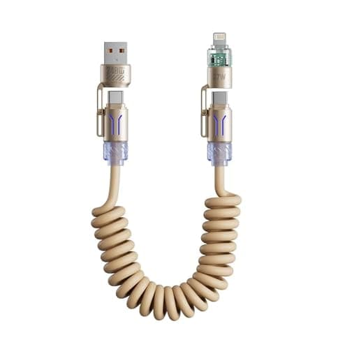 Mciluyaiio 240w 4-in-1 Retractable Coiled Charging Cable, Vehicle-Mounted Spring Data Cable, Universal 78in Multi-Port Charger Cord, Multi-Port Charger Cord for All USB-Compatible Devices (Gold)