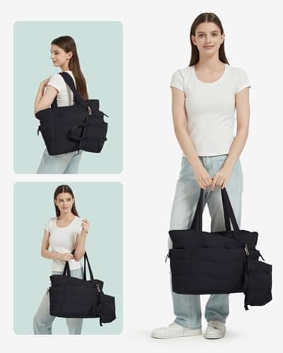 Wandering Nature Tote Bags for Women with Zipper, Set of 2 Shoulder Handbags with 15.6 Inch Laptop Compartment & Water Bottle Pocket for Work School Travel College,Black (Patent Pending) — view 2
