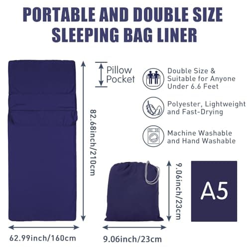 Plliocse Sleeping Bag Liner Travel Sheet Sleeping Bag, Double Size 160 x 210 cm Sleeping Bags Liners with Pillow Pockets for Adults, Travel, Hotels, Business Trip, Camping (Navy Blue, 160cm x 210 cm) — view 2