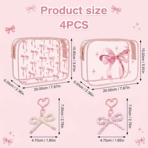 4 pcs Clear Makeup Bag, Girls Wash Bag, Wash Bag Women, Transparent Bow Design Cosmetic Pouch, Portable Toiletry Case with Closure, Ideal for Travel and Daily Use — view 2
