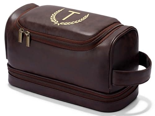 CGFN Personalised Gifts for Men,Personalised Large PU Leather Wash Bag Men with Initial Waterproof Hanging Toiletry Bag Travel Xmas Birthday Presents (T, Dark Brown)