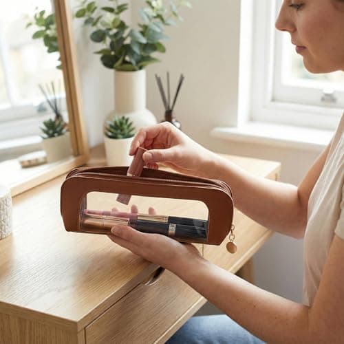 Brown Leather Makeup Bag with Clear Window - Small Cosmetic Case for Travel, Organizes Brushes, Pens & Beauty Tools in Compact Pouch, Textured Faux Leather, Gold Zipper, Rounded Ends, Portable Storage — view 2