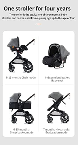 YAZOCO 3 in 1 Prams, Pushchair with Height Adjustable Handle, Travel System Pram with Changing Bag, Baby Stroller with Aluminum Frame for Newborn 0-4 Years (X1 Pink) — view 3