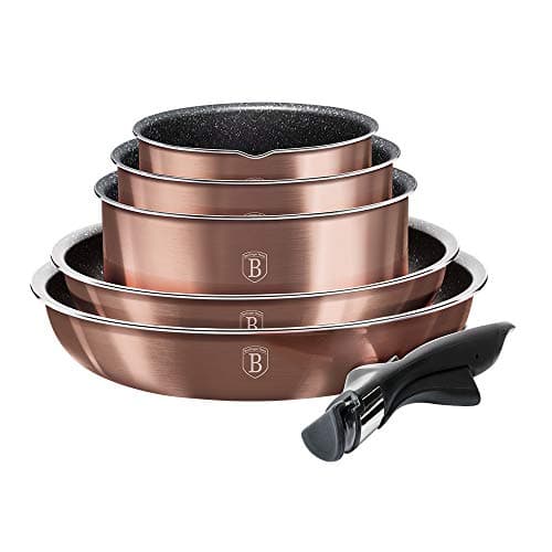 12 Pcs Colorful Space Saving Cookware Frying Pan Sauce Pan Casserole Pot Set Induction Lid Handles (Rose Gold) — view 4