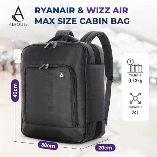 Aerolite 40x30x20 Ryanair Wizz Air Under Seat Backpack Rucksack Bag Black — view 2