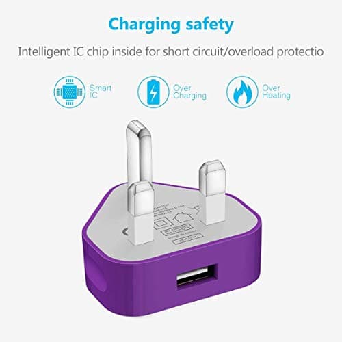 AMO® USB Plug UK Charger Adaptor Compatible with iOSiPhone 14 13 12 11 XS Max XS XR X Samsung Galaxy S22/ S22 Ultra/ S21 Ultra/S21/S21 LG Tablet HTC Nokia Mobile Chargers (Purple 1Amp) — view 2