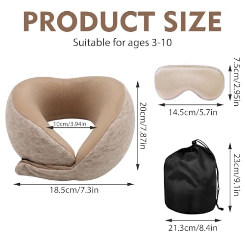 Travel Pillow for Kids, Soft Kid Neck Support Pillow Traveling Memory Foam Airplane Pillow with Sleep Mask, 360° Fit & Support U-Shaped Pillow for Kids Boys Girls Teens to Rest on Long Flights (Khaki) — view 2