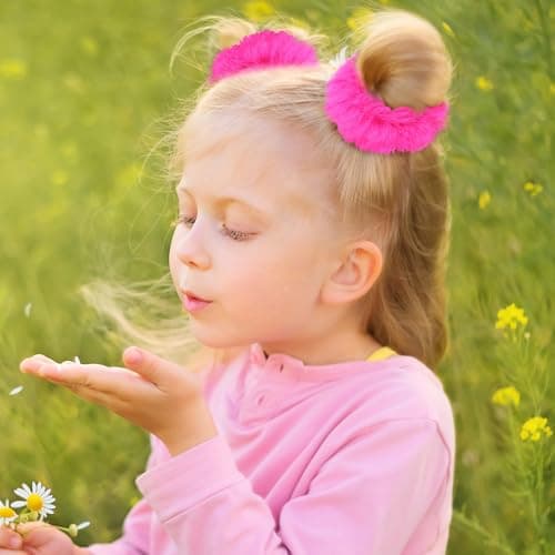 PEOVLVN 2 Pcs Hot Pink Scrunchies, Pom Pom Hair Ties Fuzzy Scrunchies — view 5
