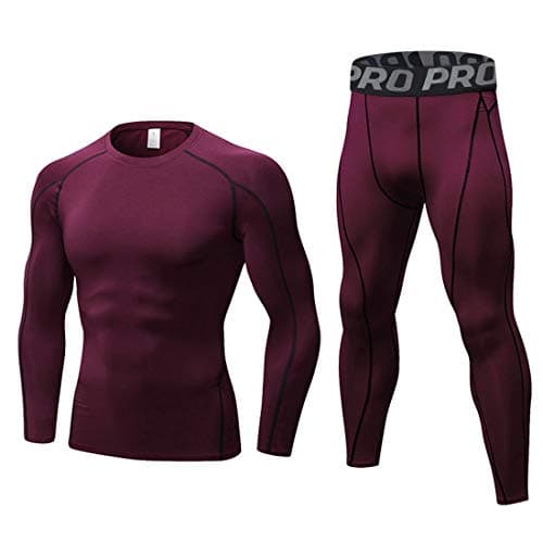 LANBAOSI Men's Gym Running Base Layer Top and Leggings Set Long Sleeve Compression Shirt Tights Thermal Underwear Suit, Wine Red, XL