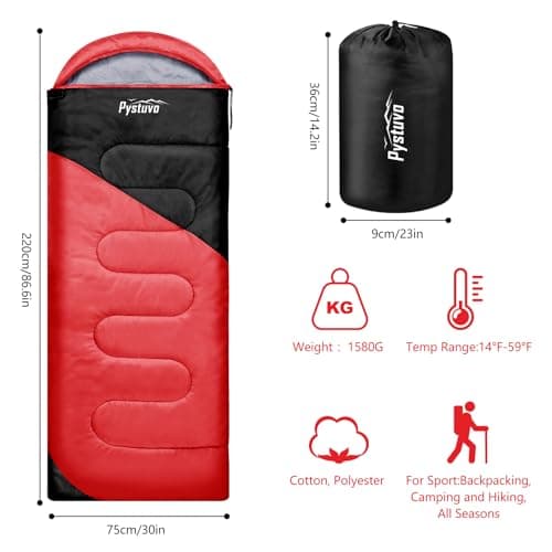 Pystuvo Sleeping Bag for Adults,4 Season Sleeping Bag,Lightweight,Waterproof Indoor & Outdoor Use,Red+Black — view 2