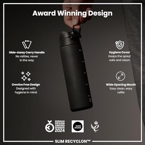 Ion8 Water Bottle, 500 ml/18 oz, Leak Proof, Easy to Open, Secure Lock, Dishwasher Safe, BPA Free, Hygienic Flip Cover, Carry Handle, Fits Cup Holders, Easy Clean, Carbon Neutral, Black — view 6