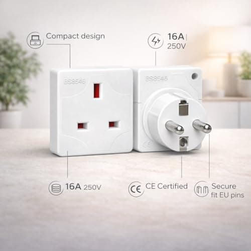 EU Travel Adapter 2 Pack – UK to EU Plug (Type C) – 3 Pin to 2 Pin Converter – 16A 250V – Compact, Portable & Heat-Resistant – CE Certified – European Travel Essential – White — view 3