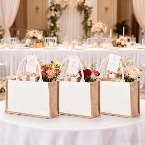 SOUJOY 6 Large Pack Burlap Tote Bags, 37×25cm Reusable Jute Gift Totes with Handles, Water Resistant Beach Bag, Canvas Grocery Shopping Totes for Bridesmaid, DIY, Wedding, Valentine's Day — view 6