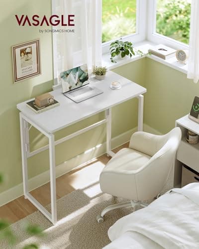 VASAGLE Folding Desk, Foldable Computer Desk, One-Piece Desktop Top, Rounded Edges, Small Home Office Writing Table for Bedroom, Balcony, Camping, Easy Assembly, 80 x 40 cm, Snow White LWD151WF01 — view 2