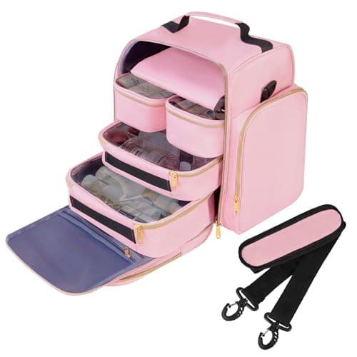Travel Toiletry Bag for Women, Pink, with 5 Detachable Compartments, Jewelry Organiser Roll, Makeup Cosmetic Organiser