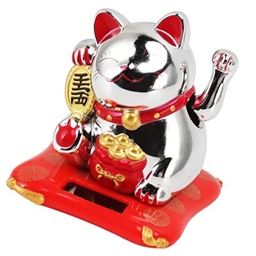 KymAr Lucky Money Cat, Solar Powered Waving Cat Wealth Welcoming Solar Cute Happy Lucky Cat Fortune Cat Statue Ornament for Home Car Decor(Blessing Bag Gold) (Blessing Bag Silver) — view 6