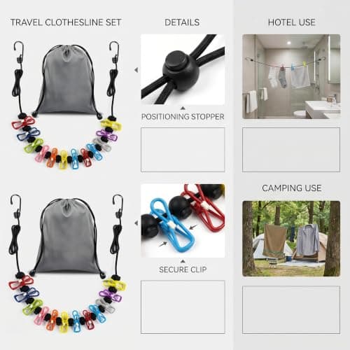 Portable Travel Clothesline with 12 Colorful Random Clips & Gray Storage Bag, Adjustable Elastic Retractable Clothes Washing Line, Heavy Duty Windproof Clothes Line for Camping, Travel, Balcony — view 2
