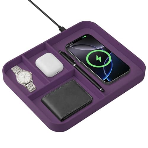 VOVIPO Faux Leather Valet Tray,with 2 in 1 Wireless Charging Compatible With iPhone/17/16/15/15 Plus/15 Pro/15 Pro Max/14/13/12/Wireless earphones,Office/Home Desk Organizers Tray-Purple