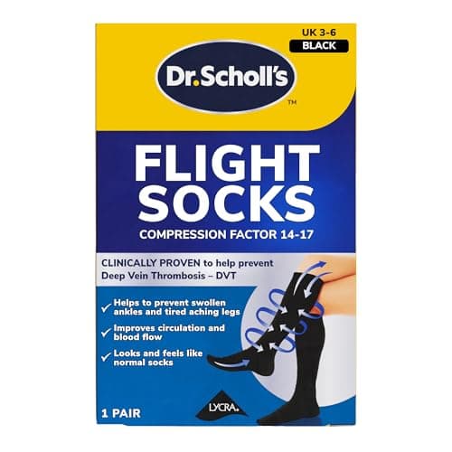Dr. Scholl's Comfortable Flight Socks - Compression Stocking for Travel - Enhances Blood Circulation - Reduces Swelling on Long Flights - Cotton Feel - Black - Size 3-6, 1 Pair