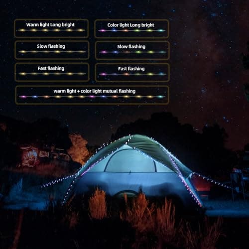 Mcbazel Camping Fairy Lights, 12M/39.4FT 120 LED Retractable Camping String Lights, 10 Modes, 2000mAh USB Rechargeable, IP67 Waterproof, Warm White & Multicolour for Tent Outdoor Garden Camping — view 4