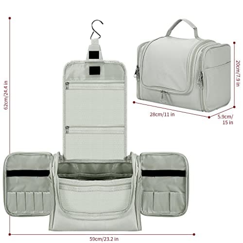Vinsani Premium Toiletry Bag Large Capacity Many Compartments Hygiene Wash Bag Bathroom Shower Portable Hanging Travel Organiser Waterproof Cosmetic Makeup Toiletries for Men & Women – Light Grey — view 6