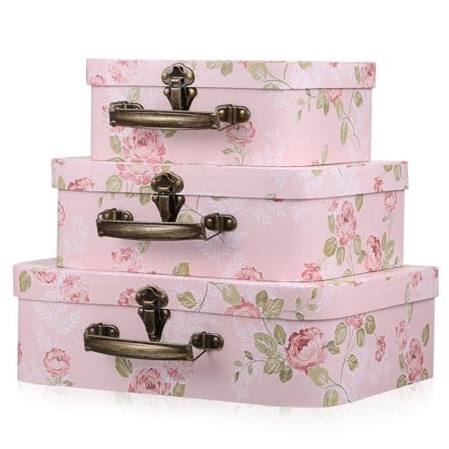 GALPADA Baby Suitcase Box 3Pcs Paperboard Floral Storage Boxes with Handles Stackable Decorative Flower Pattern Boxes for Wedding Birthday Baby Shower