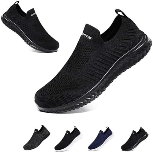 Mens Womens Slip On Trainers Casual Nordic Walking Shoes Breathable Running Shoes Nurse Work Shoes Lightweight Tennis Shoes Soft Mesh Gym Workout Sneakers Black EU44 Convert UK9.5