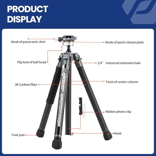 Fotopro 62" Camera Tripod, Ultralight 1.8lbs Carbon Fibre Tripod with 360° Ball Head, 22lbs Load, 1-Sec Quick Lock, Carry-On Travel Tripod for DSLR Mirrorless Cameras, X-Aircross 3 Lite — view 6